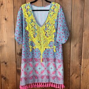 EUC Oversized Floral Boho Dress Beach Swim Coverup Multicolor Spring Accents M